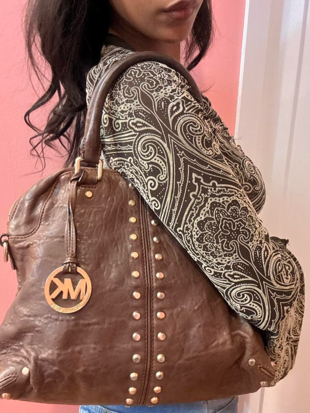 Michael Kors Chocolate Brown Leather Studded Satchel with Gold Hardware
